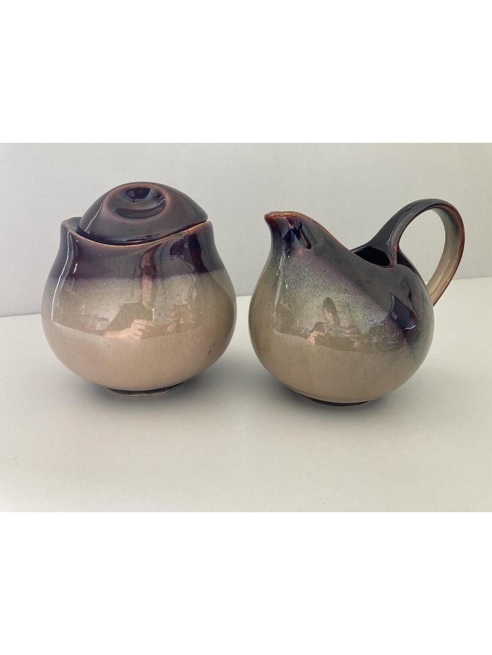 Sango Nova Brown Pottery, Pair of Creamer & Sugar Set, Glossy Glaze